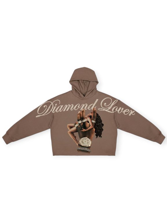 Men Diamond Lover Cropped Drop Shoulder Hoodie With Rhinestone (Dark Taupe)