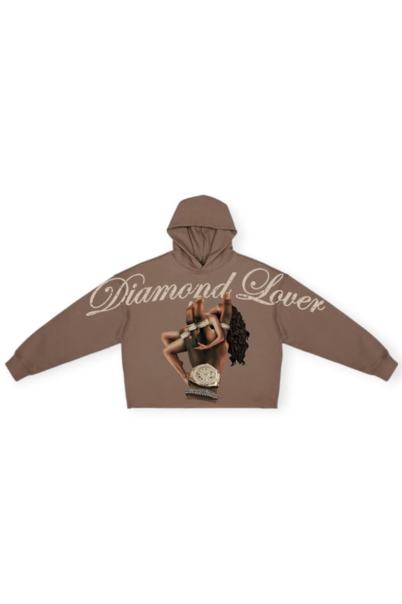Men Diamond Lover Cropped Drop Shoulder Hoodie With Rhinestone (Dark Taupe)