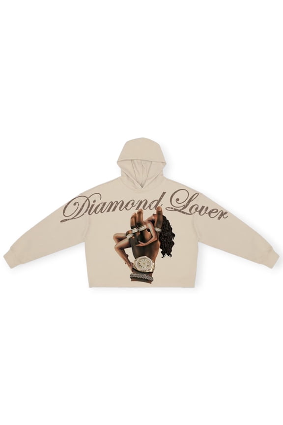 Men Diamond Lover Cropped Drop Shoulder Hoodie With Rhinestone (Taupe)