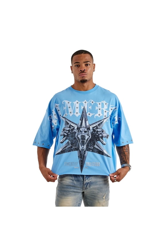 Men No Mercy Cropped 3/4 Sleeve Fleece Crew (Uni Blue)