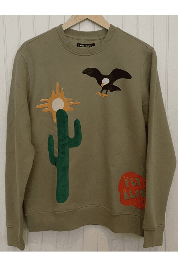 Men's Unisex "Stay Wild" Graphic Crew Neck Sweatshirt Pullover Sweater - Large, Light Green Cotton Blend, Boho Retro Design