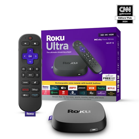 Roku Ultra | 4K/HDR10+/Dolby Vision & Atmos Streaming Device - Rechargeable Backlit Voice Remote Free & Live TV