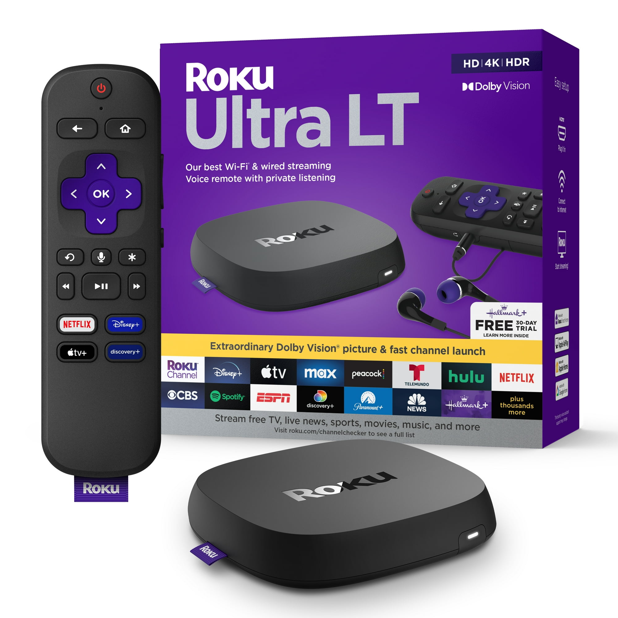 Roku Ultra LT Streaming Device 4K/HDR/Dolby Vision with Roku Voice Remote, Private Listening, and Premium HDMI Cable