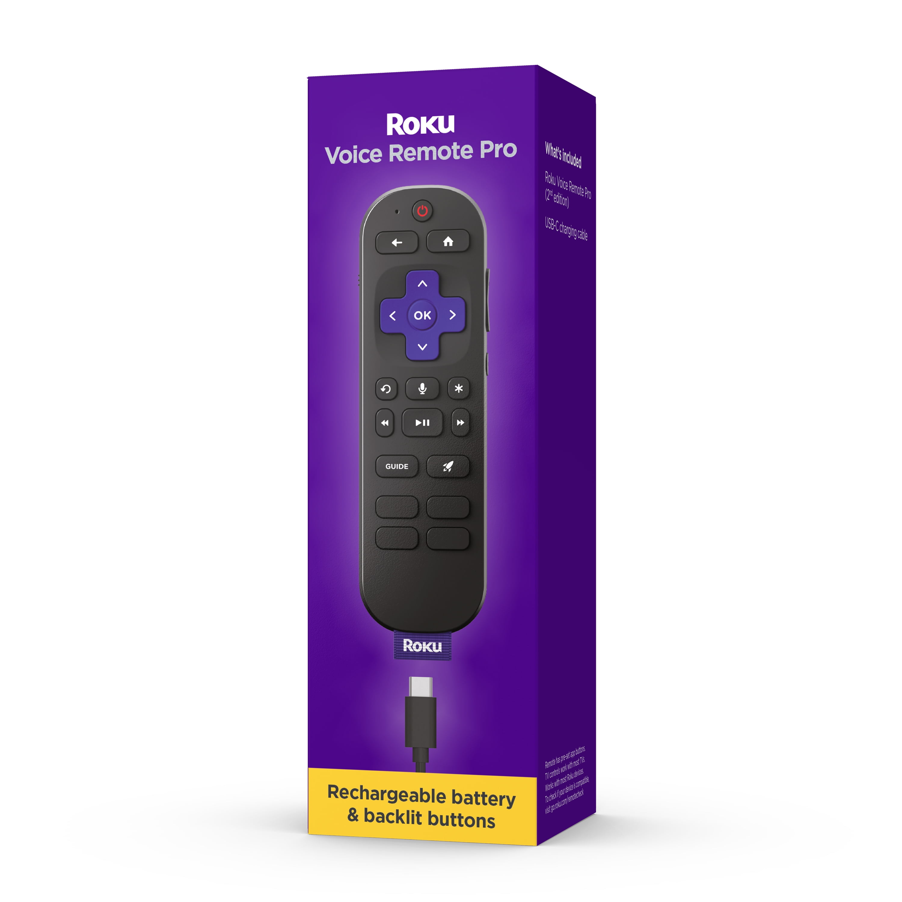 Roku Voice Remote Pro (2nd Ed.) - Rechargeable TV Remote Control with Hands-free Voice Controls, Backlit Buttons, & Lost Remote Finder - Replacement Remote Compatible with All Roku TV, Players, Audio