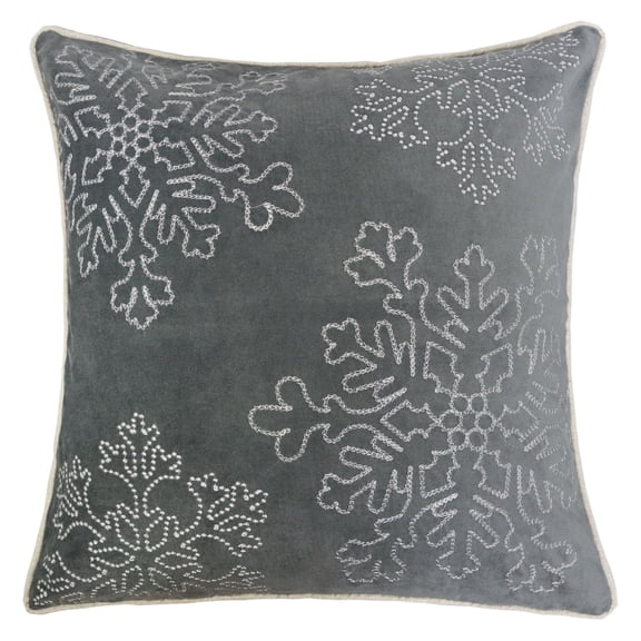 Rola Square Throw Pillow Silver Snowflake Embroidery Gray Velvet 20 Inch