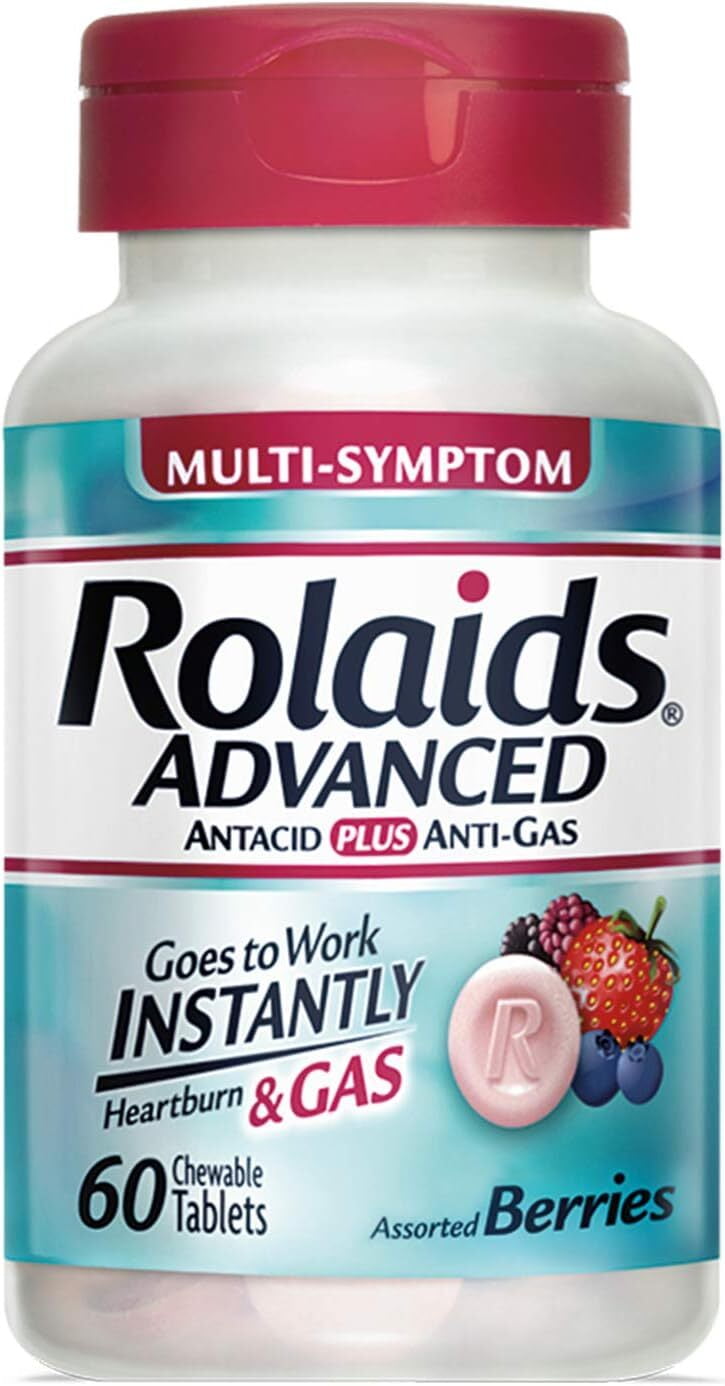 Rolaids Advanced Antacid Plus AntiGas 60 Chewable Tablets, Assorted Berry, Heartburn and Gas