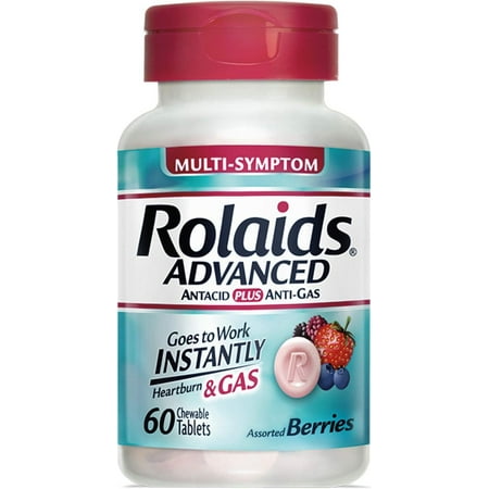 Rolaids Advanced Antacid Plus Anti-Gas 60 Chewable Tablets, Assorted Berry, Heartburn and Gas Relief