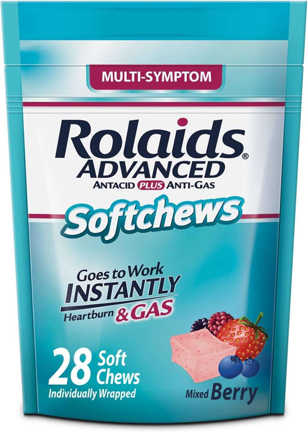 Rolaids Advanced Antacid Plus AntiGas Softchews, 28 Count, Mixed Berry
