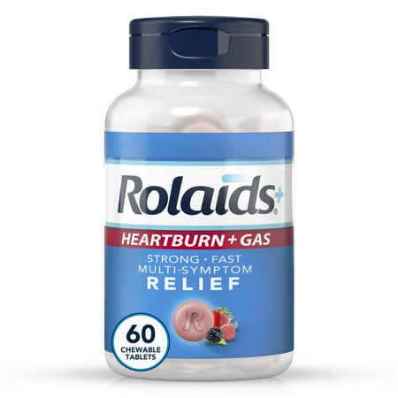 Rolaids Chewable Antacid Tablets + Gas, Acid Indigestion and Heartburn Medicine, Berry, 60 Count