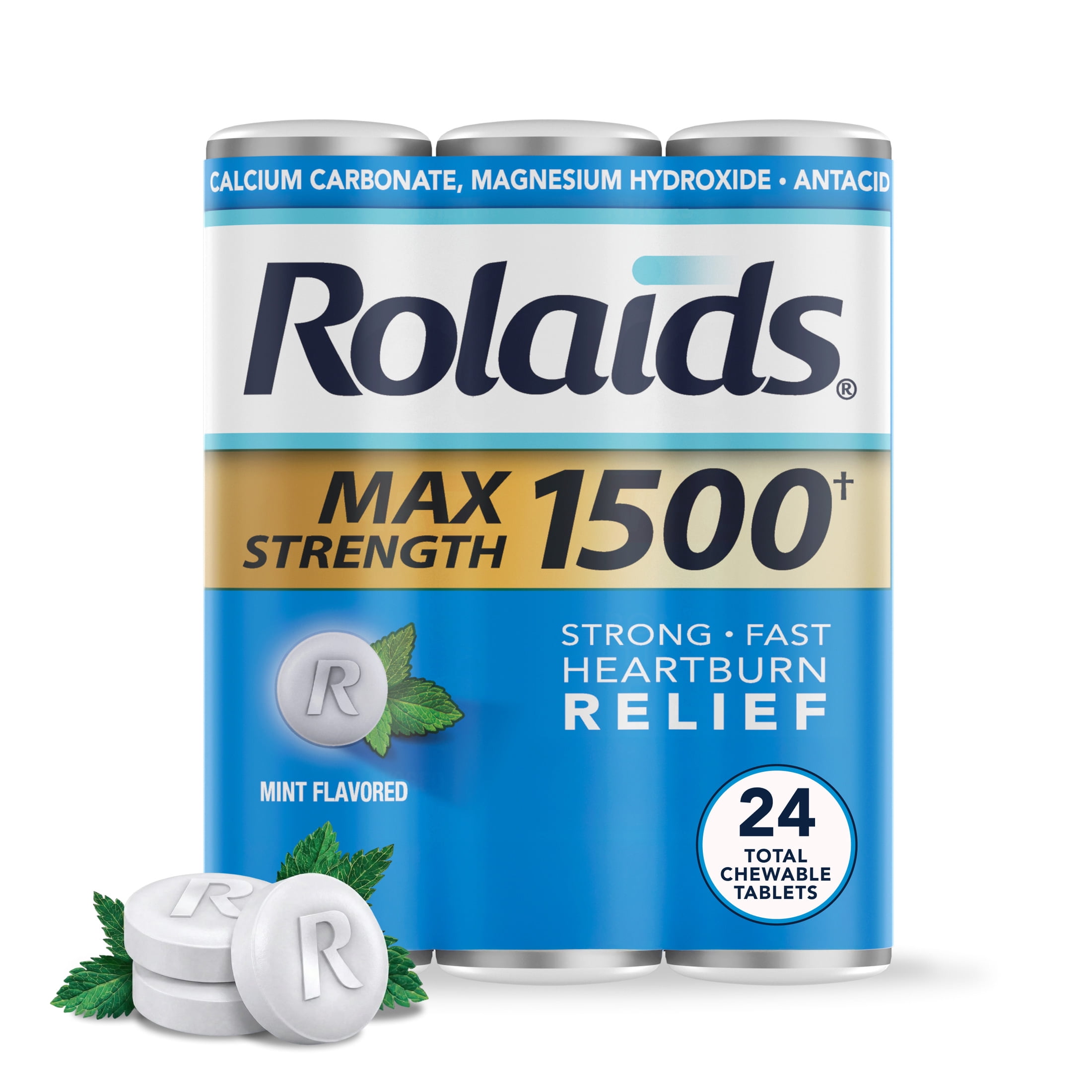 Rolaids Max Strength 1500 Chewable Antacid, Heartburn Medicine, Mint Flavor, 3x8 Count Rolls