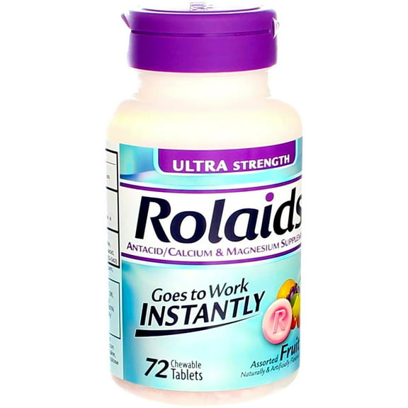 Rolaids Ultra Strength Calcium & Magnesium Supplement Antacid Chewable Tablets, Assorted Fruit, 72 Ct (2 Pack) (Bundle)