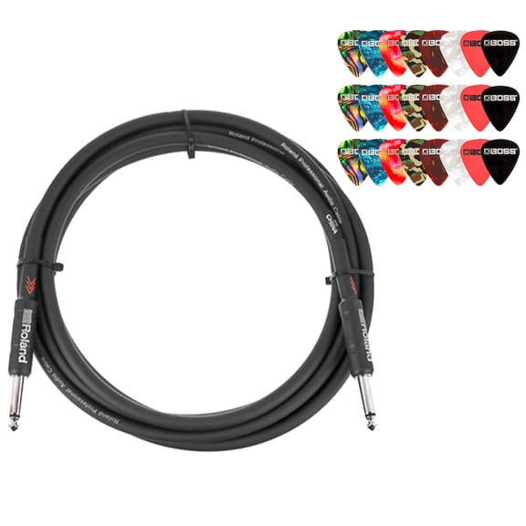 Roland 15-Foot Instrument Cable, Straight-Straight, Black Series - 1 Pack Bundle with Picks