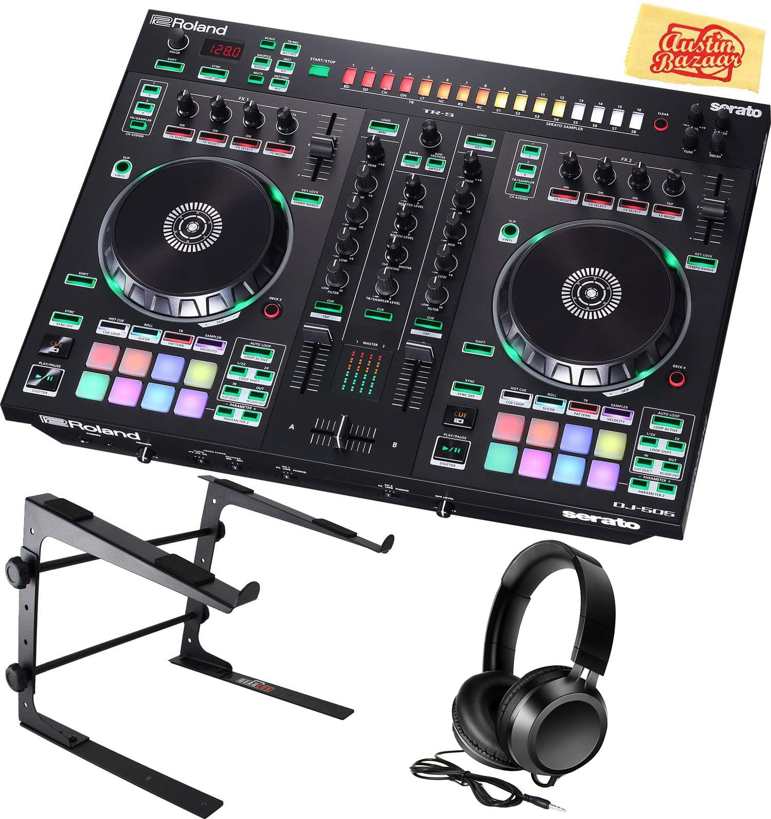 Roland DJ-505 DJ Controller Bundle with Stand, Headphones, and Austin Bazaar Polishing Cloth
