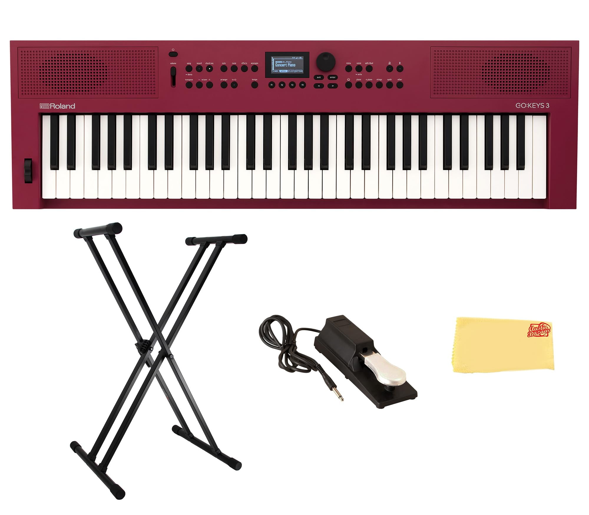 Roland GO:KEYS 3 Red Music Creation Keyboard Bundle with Sustain Pedal, Adjustable Stand, Online Piano Lessons, and Austin Bazaar Polishing Cloth