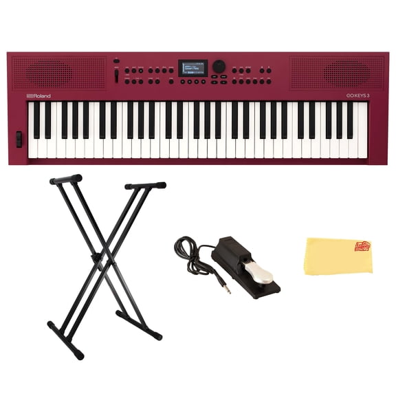 Roland GO:KEYS 3 Red Music Creation Keyboard Bundle with Sustain Pedal, Adjustable Stand, Online Piano Lessons, and Austin Bazaar Polishing Cloth