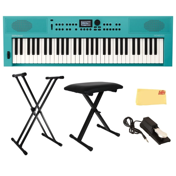 Roland GO:KEYS 3 Turquoise Music Creation Keyboard Bundle with Adjustable Stand, X-Style Keyboard Bench, Sustain Pedal, Online Piano Lessons, and Austin Bazaar Polishing Cloth