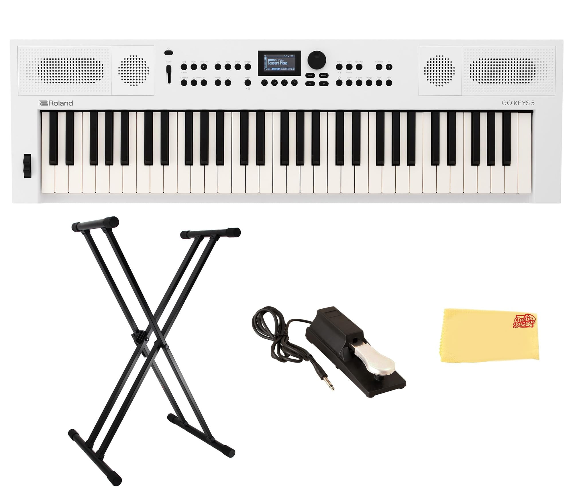 Roland GO:KEYS 5 White Music Creation Keyboard Bundle with Sustain Pedal, Adjustable Stand, Online Piano Lessons, and Austin Bazaar Polishing Cloth