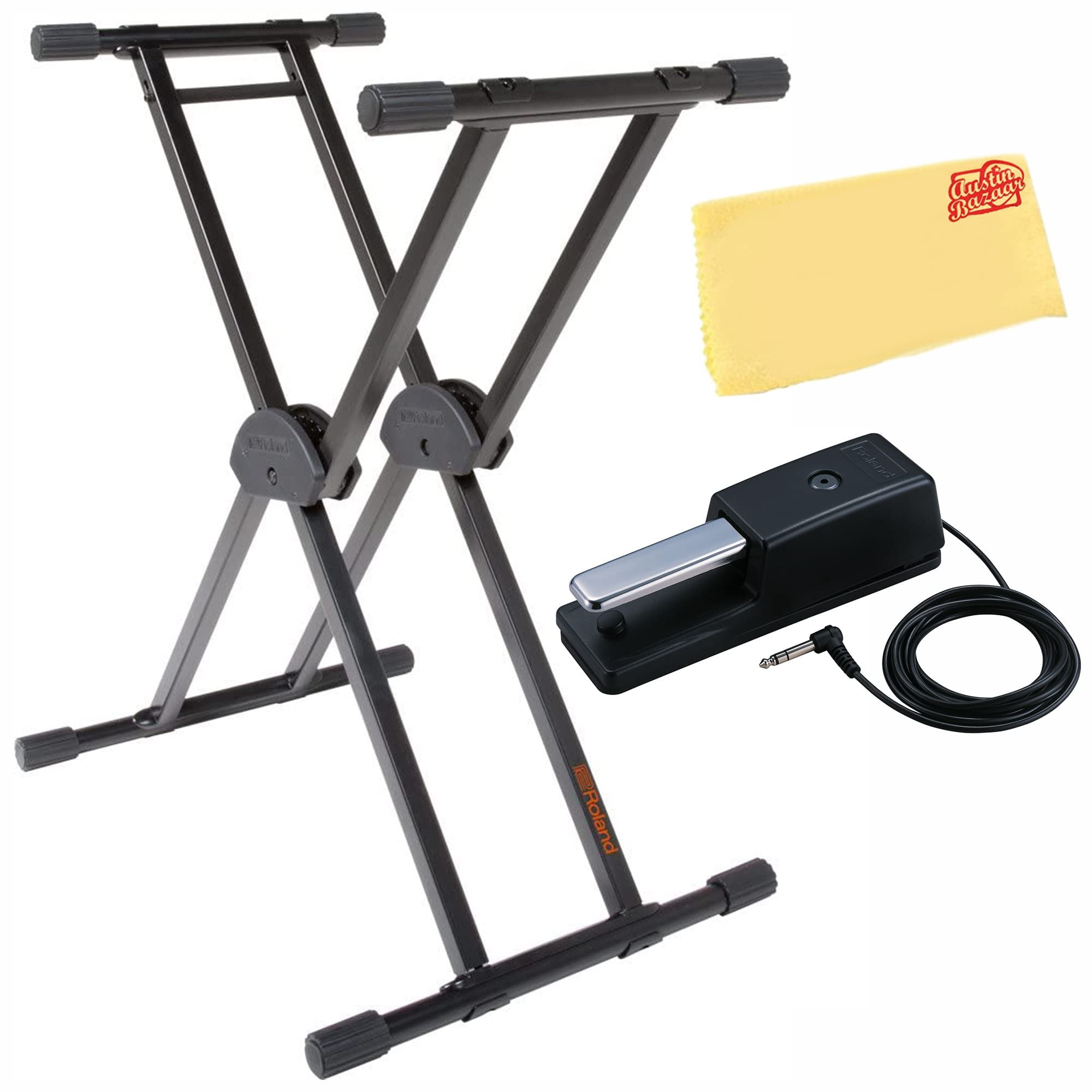 Roland KS-20X Spring-Loaded Double-Braced Keyboard Stand - Black Bundle with Damper Pedal and Austin Bazaar Polishing Cloth