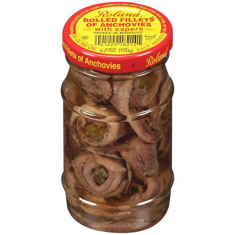Roland Rolled Anchovy Fillets with Capers, 4.2 oz