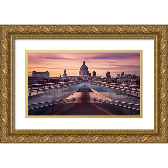 Roland Shainidze, Dr. 18x12 Gold Ornate Wood Framed with Double Matting Museum Art Print Titled - Millennium Bridge Leading Towards St. PaulS Church