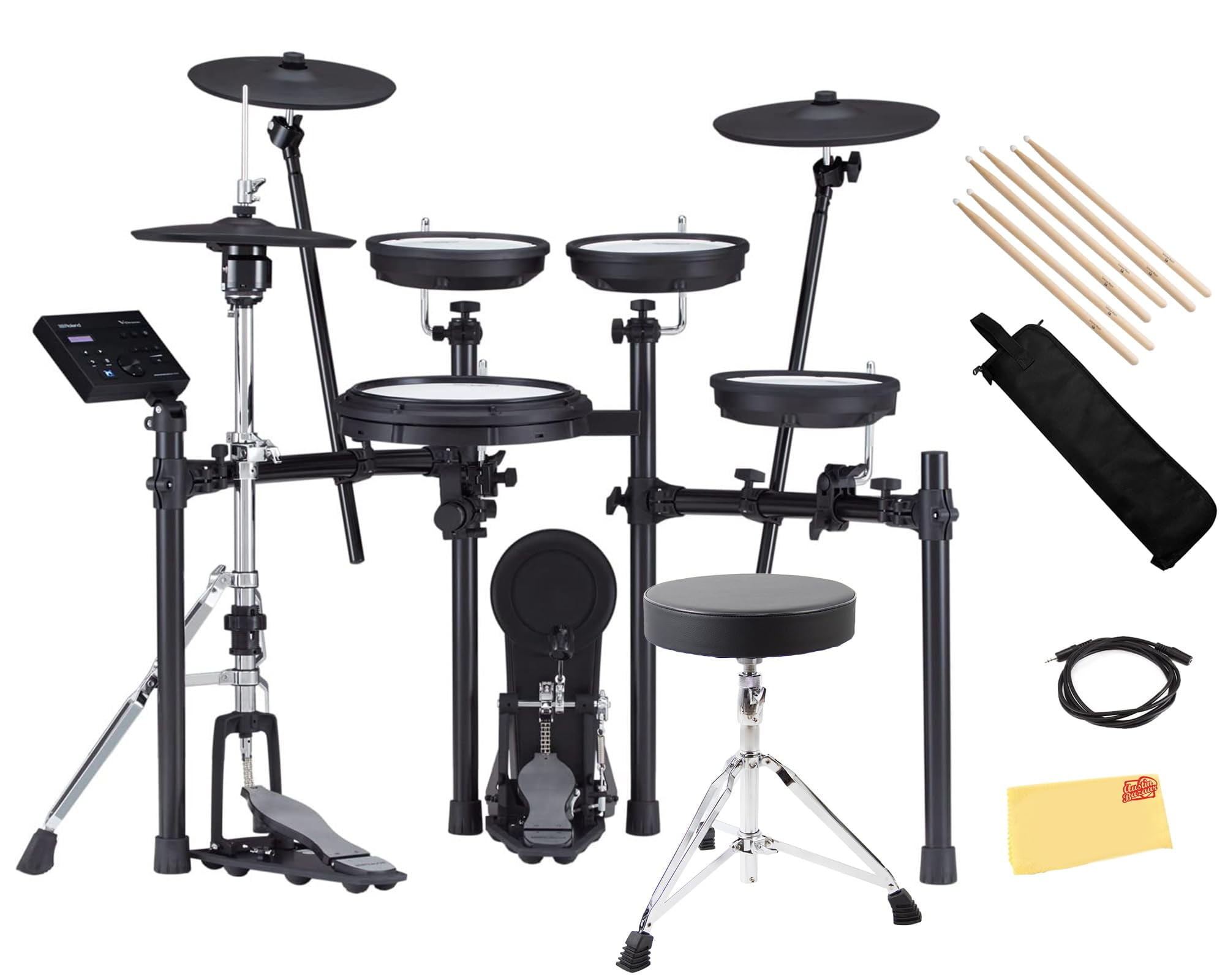 Roland V-Drums TD-07KVX Electronic Drum Set Bundle with Drum Throne, Drumstick Bag, 3.5mm Audio Cable, 3 Pairs of Drumsticks, and Austin Bazaar Polishing Cloth