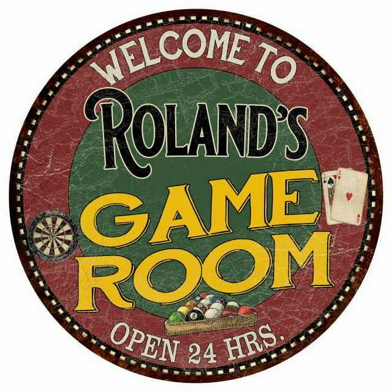 Roland's Game Room 14" Round Metal Sign Bar Kitchen Red Wall Decor 100140032343