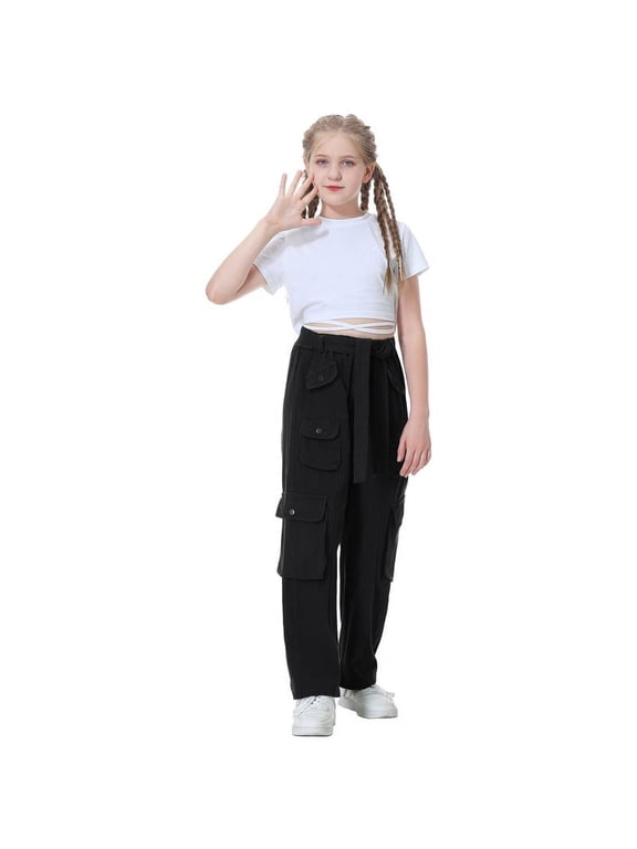 Girl's High-Waisted Cargo Pants: Multiple Pockets, casual daily sports and dancing.