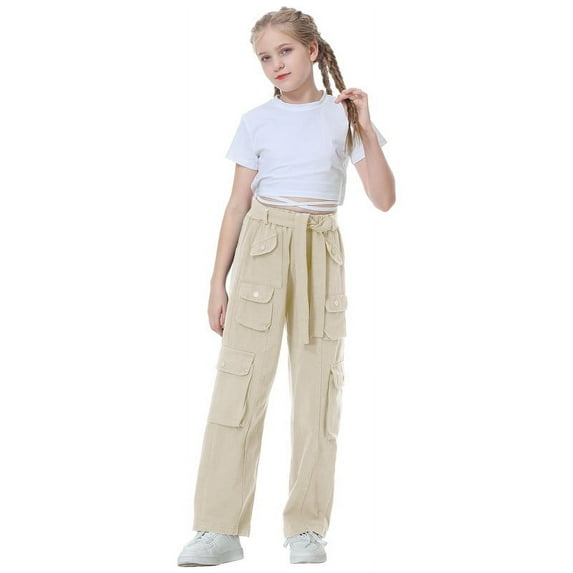 Rolanko Girl's High-Waisted Cargo Pants: Multiple Pockets, casual daily sports and dancing.