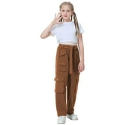 Rolanko Girl's High-Waisted Cargo Pants: Multiple Pockets, casual daily sports and dancing.
