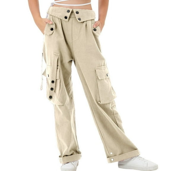 Rolanko Girls Cargo Pants Wide Leg Loose Cargo Trousers with Pockets Streetwear Kids Pants 4-15 Years