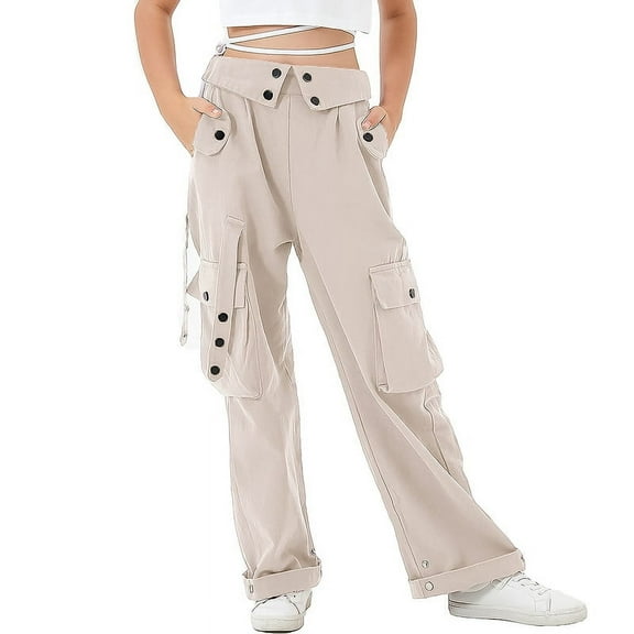 Rolanko Girls Cargo Pants Wide Leg Loose Cargo Trousers with Pockets Streetwear Kids Pants 4-15 Years