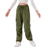 ROLANKO Girls Cargo Pants Wide leg Cargo Sweatpants High Waist Kids Joggers with Pockets 4-14 Years