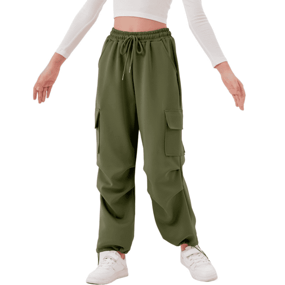 Rolanko Girls Cargo Pants Wide leg Cargo Sweatpants High Waist Kids Joggers with Pockets 4-14 Years