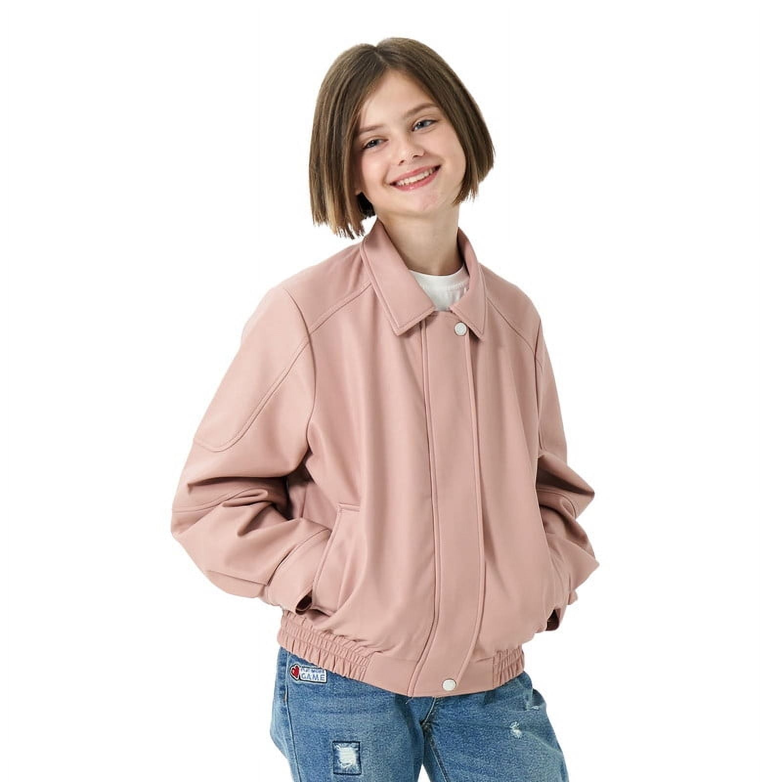 Rolanko Girls Faux Leather Jacket Kids Zip Up Motorcycle Biker Outerwear Coat Pleather Bomber Jacket with Pockets 5-15 Years