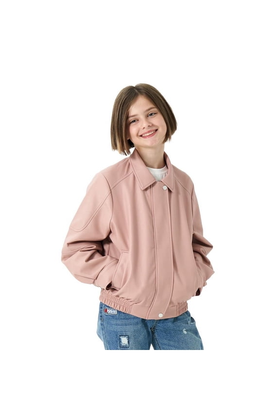 Girls Faux Leather Jacket Kids Zip Up Motorcycle Biker Outerwear Coat Pleather Bomber Jacket with Pockets 5-15 Years
