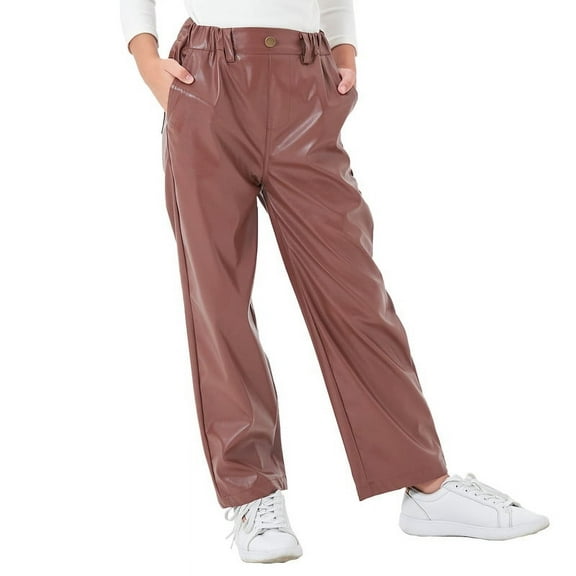 Rolanko Girls Faux Leather Pants Straight Wide Leg Streetwear Trousers with Pockets Kids Pants 4-14 Years