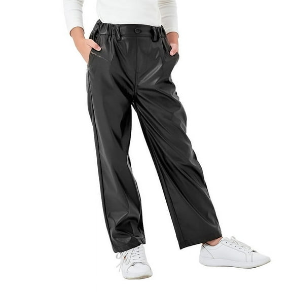 Rolanko Girls Faux Leather Pants Straight Wide Leg Streetwear Trousers with Pockets Kids Pants 4-14 Years