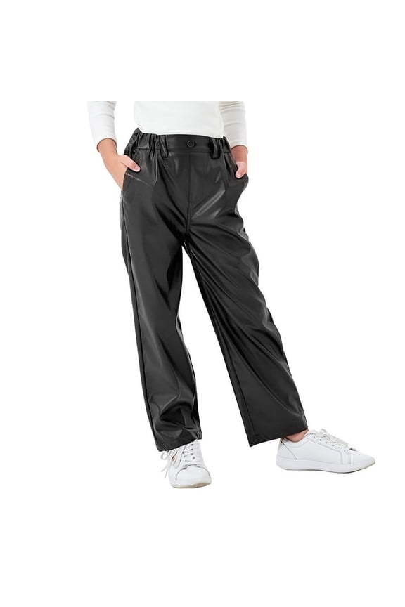 Girls Faux Leather Pants Straight Wide Leg Streetwear Trousers with Pockets Kids Pants 4-14 Years
