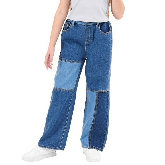 Rolanko Girls Jeans Denim Elastic Wasit Wide Leg Baggy Pants Kids Clothes 6-14 Years