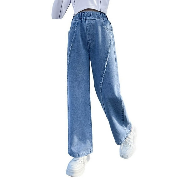 Rolanko Girls Jeans Denim Elastic Wasit Wide Leg Baggy Pants Kids Clothes 6-14 Years