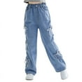 thumbnail image 1 of Rolanko Girls Jeans Denim Elastic Wasit Wide Leg Baggy Pants Kids Clothes 6-14 Years, 1 of 6