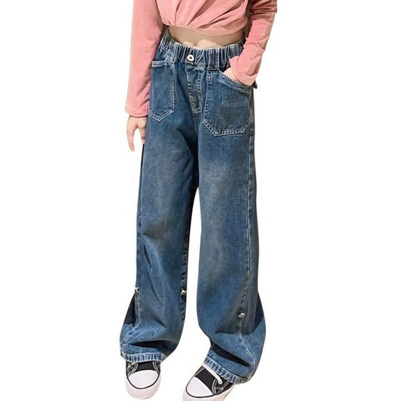 Rolanko Girls Jeans Denim Elastic Wasit Wide Leg Baggy Pants Kids Clothes 6-14 Years