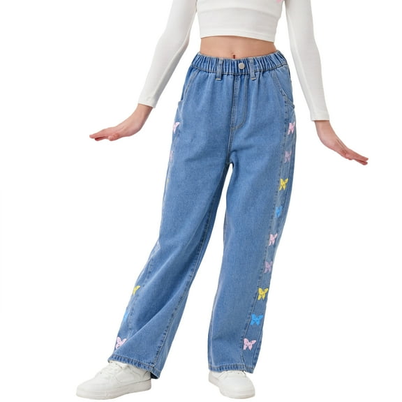 Rolanko Girls Jeans Denim Elastic Wasit Wide Leg Baggy Pants Kids Clothes 6-14 Years