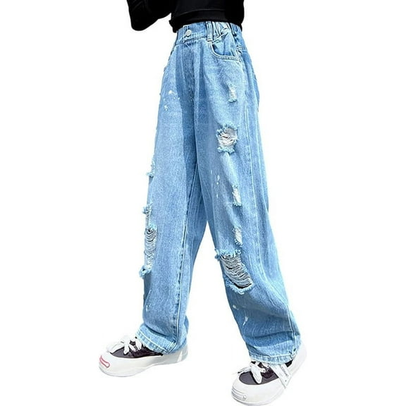 Rolanko Girls Jeans Denim Elastic Wasit Wide Leg Baggy Pants Kids Clothes 6-14 Years