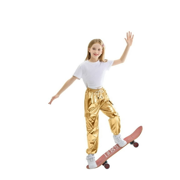 Rolanko Girls Patent Leather Elastic Waist Cargo Loose Pants Bright Street Dance Dance Performance Casual Outing