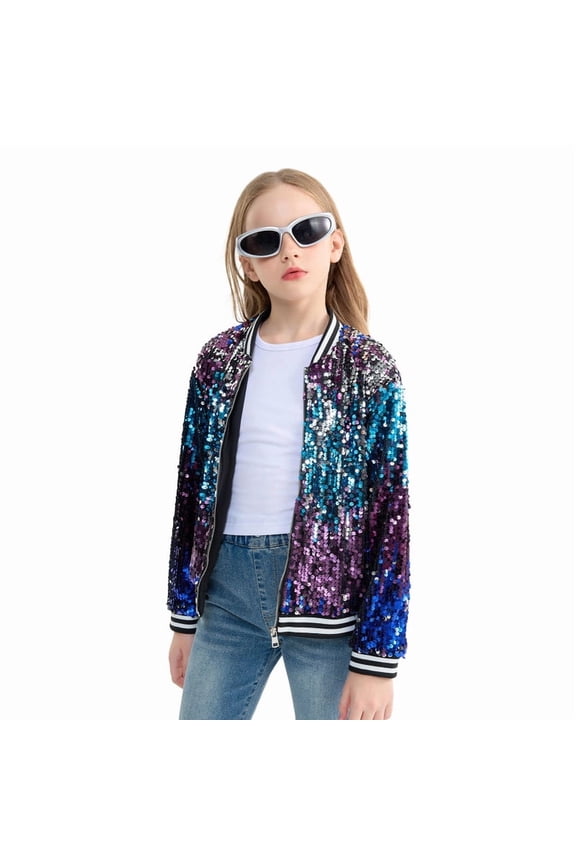 Girls Sequin Jacket, Long Sleeve Kids Bomber Coats with Pockets, Spring Fall Outfits