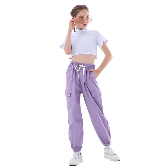Rolanko Girls' Y2K Parachute Cargo Pants High Waisted Versatile Wear for Everyday School and Dance