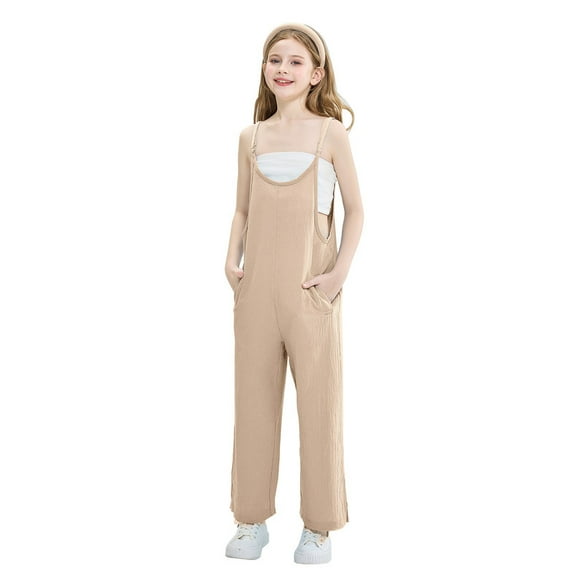 Rolanko Jumpsuit Sleeveless Romper Wide Leg Pants Overalls for Kids Loose Jumpers with Pockets 4-14 Years