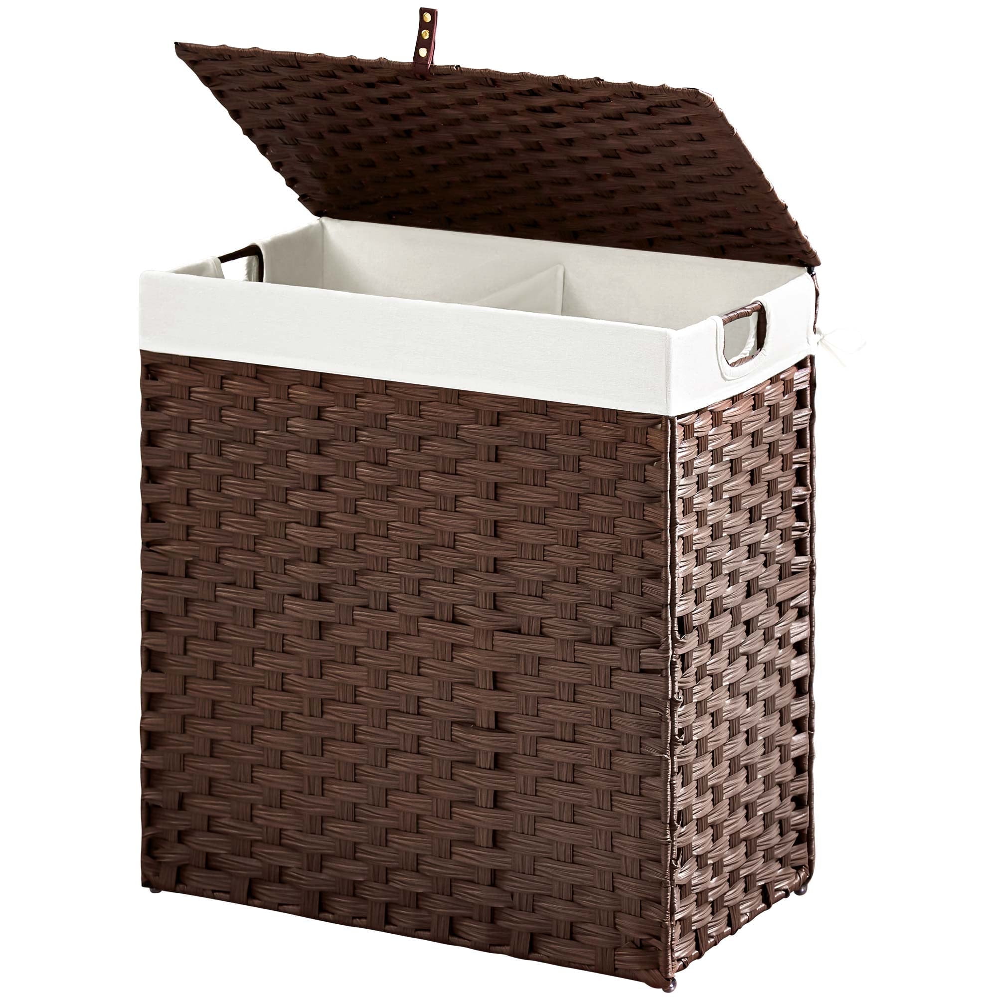 Rolanstar 110L Laundry Hamper Wicker Laundry Basket with Lid, Handles Clothes Hamper Foldable with 2 Removable Liner Bags, Brown