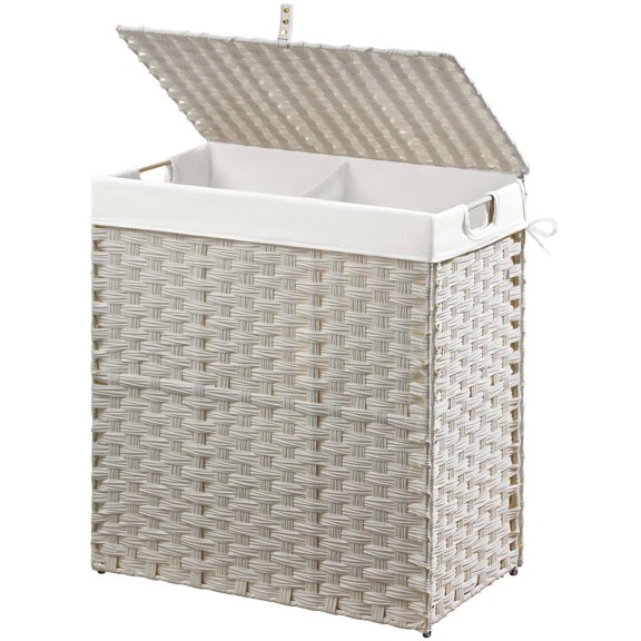 Rolanstar 110L Laundry Hamper Wicker Laundry Basket with Lid, Handles Clothes Hamper Foldable with 2 Removable Liner Bags, White
